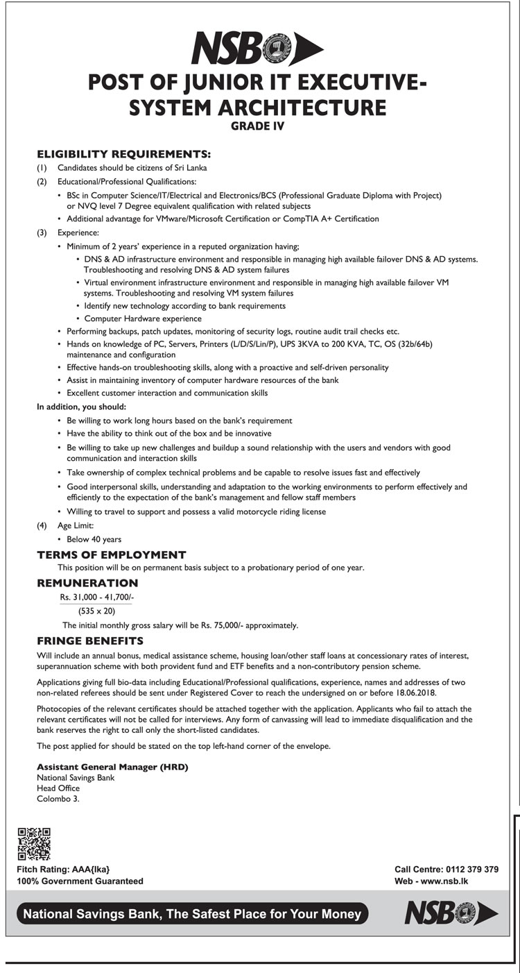 Executive (System Architecture), Junior IT Executive (System Architecture, Application Development/Deployment) - National Savings Bank (NSB)